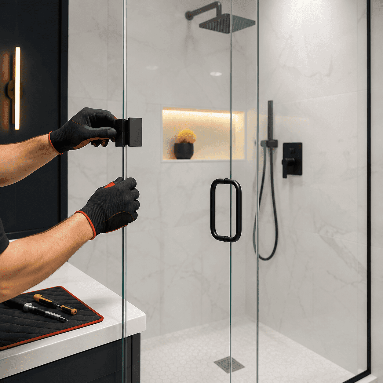 Technician installing matte black hardware on a frameless glass shower door